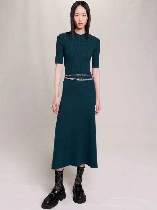 Maje Dresses & Skirts - MAJE Bottle Green Knit Midi Sweater Dress 34/XS